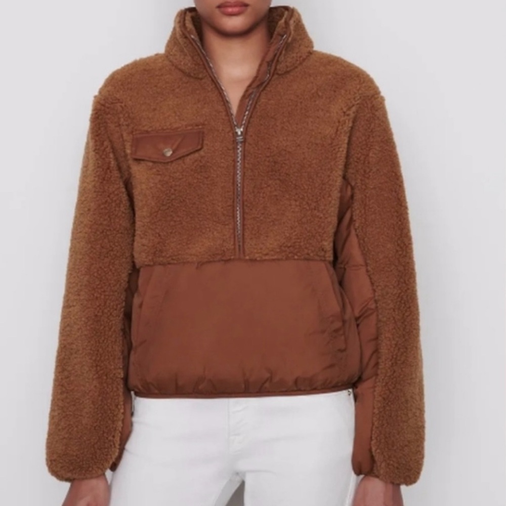 Frame Denim Chest-Pocket Teddy Half-Zip Jacket in Warm Brown